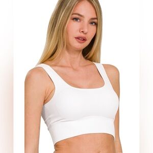 NEW! ZENANA SEAMLESS RIBBED SQUARE NECK CROPPED TANK TOP in White